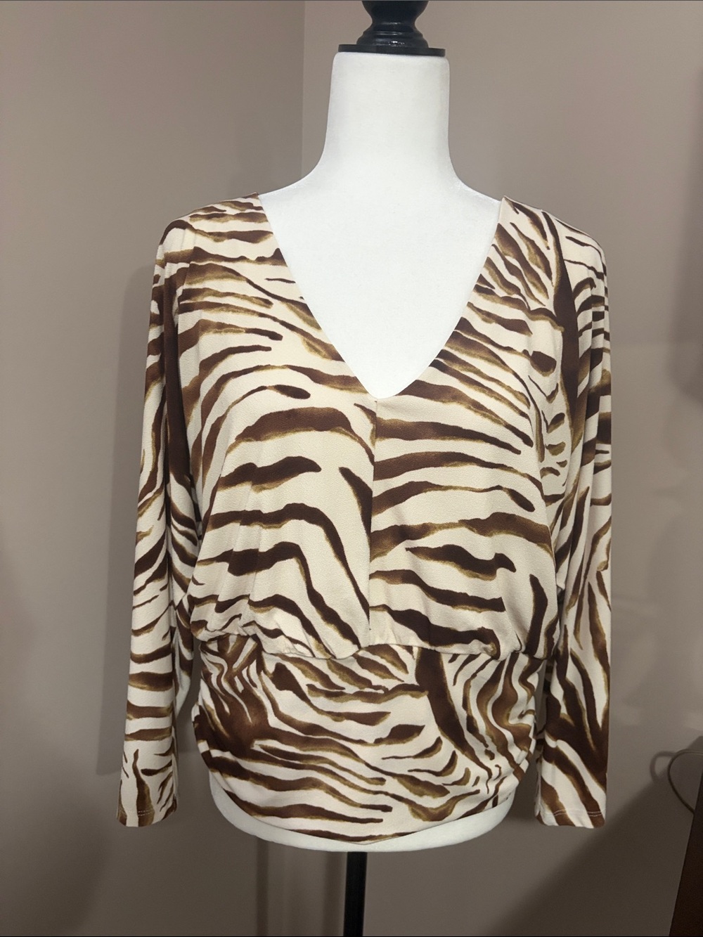 V-Neck Zebra-Print Blouse in Brown and Cream